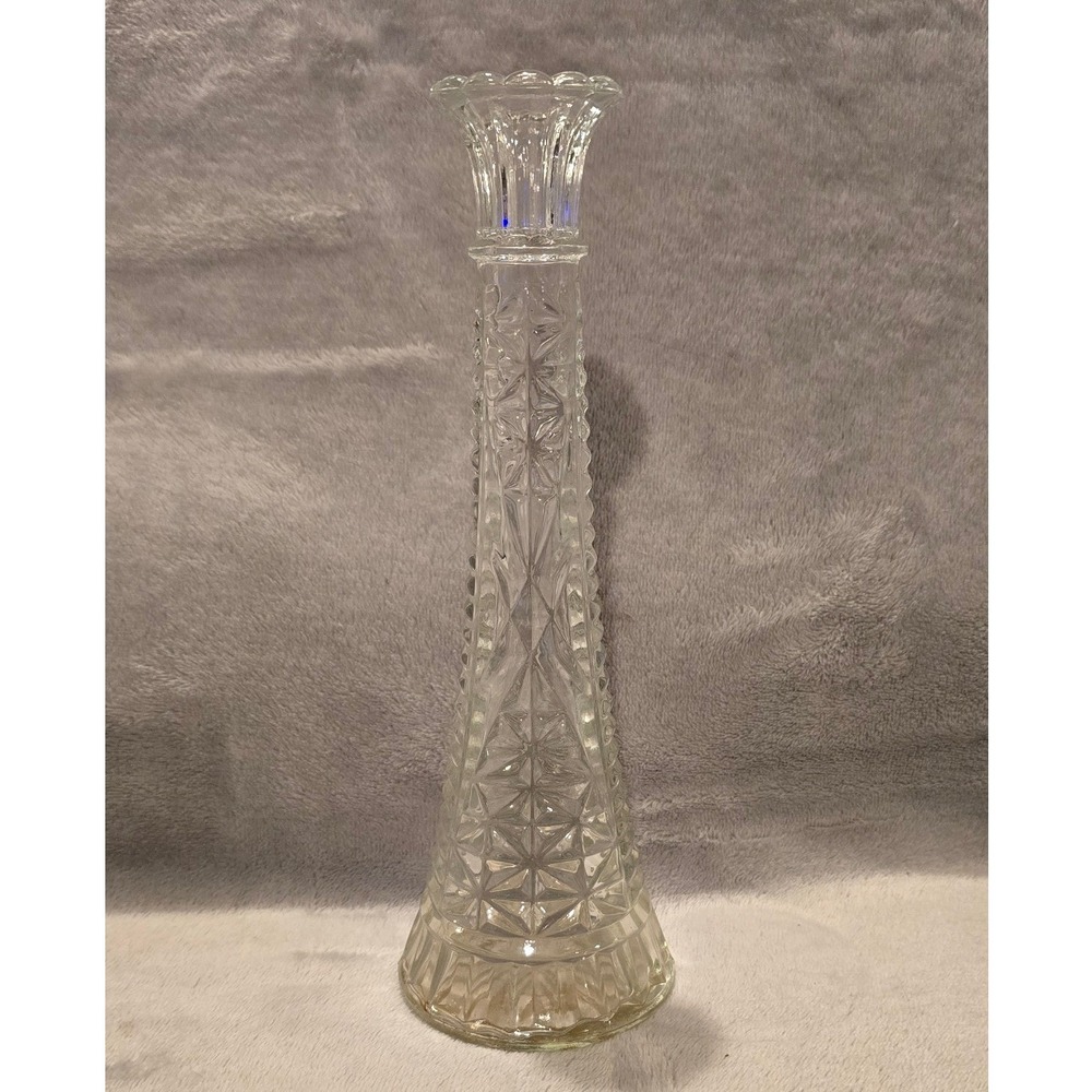 Vintage Anchor Hocking Clear Pressed Glass Bud Vase Stars & Bars Scalloped  9"
